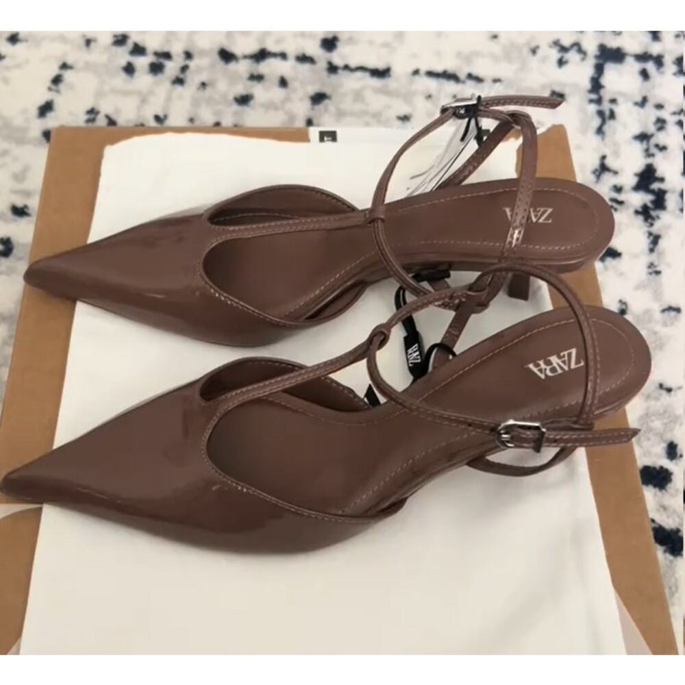 Zara NWT Brown Patent T Strap Slingback Pointed Toe Kitten Heels 9 10 - Picture 12 of 16